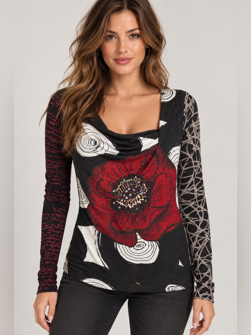 Desigual S Made in Spain Beaded Poppy Asymmetrical Y2K Boho Top